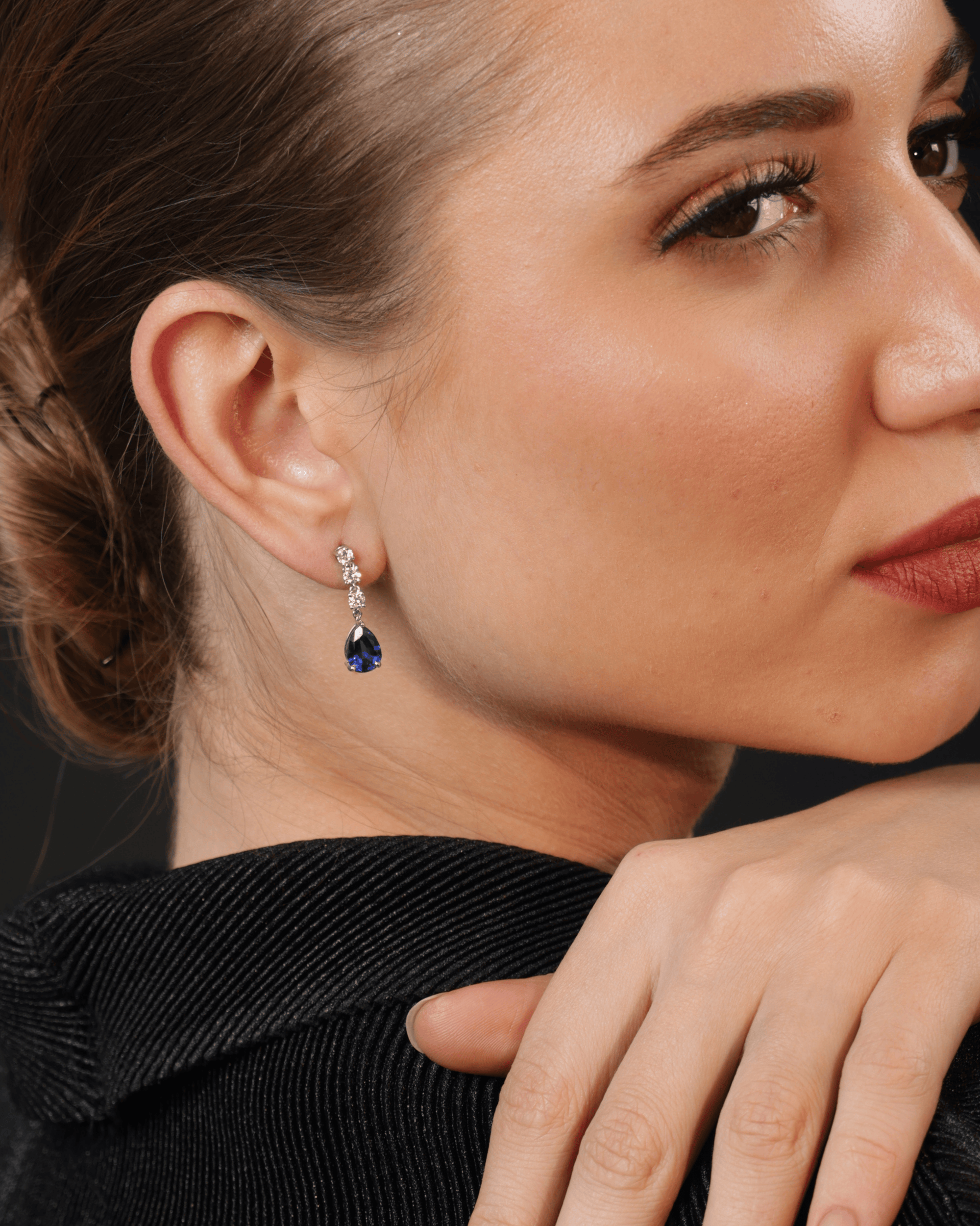Close up of Trinity Diamond & Gemstone Earrings in BIS Hallmarked Gold | RareCut Lab Grown Diamonds