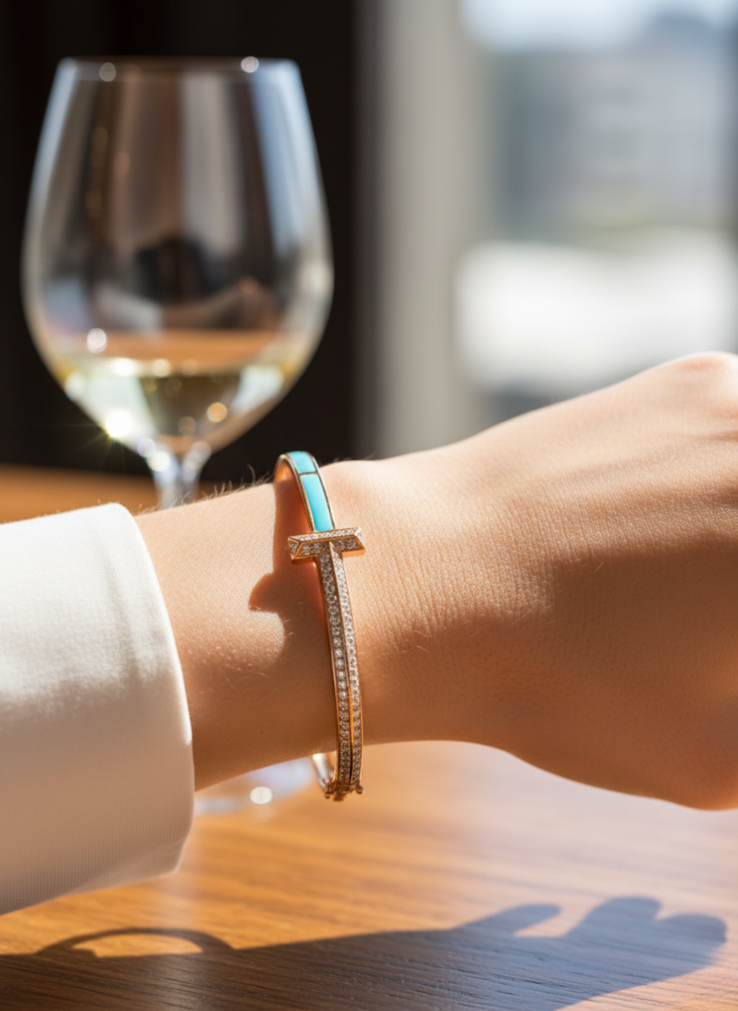 Turquoise Axis Bangle worn view | Ethical Lab-Grown Diamonds Delhi